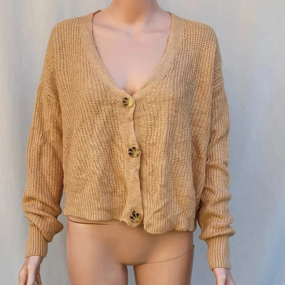 Hazel Moon Women's Open Front Cardigan Tan  3 Buttons V Neck Size L - Picture 1 of 9